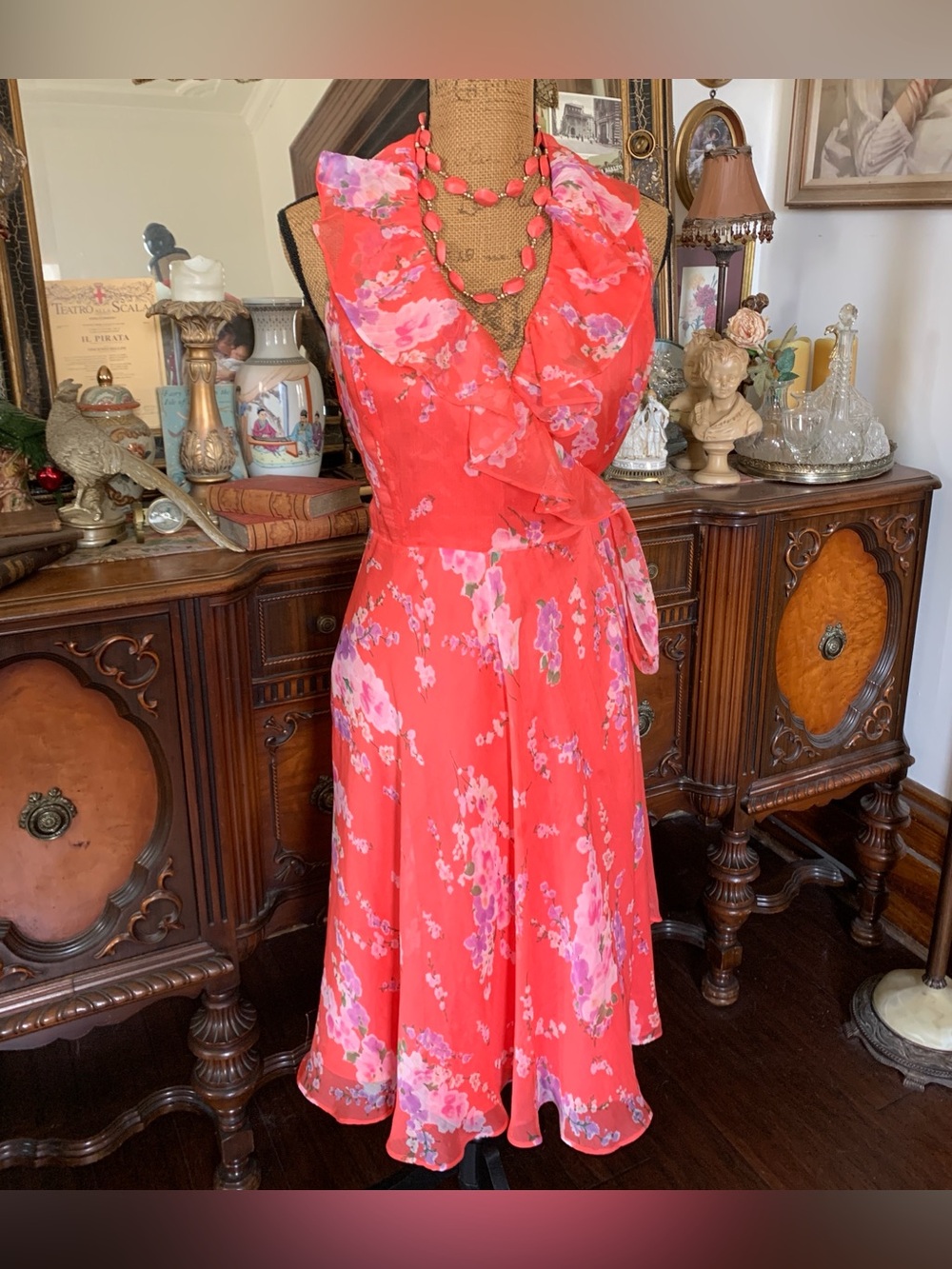Vintage Laure  Ralph Lauren Boho Ruffel Floral Chiffon Wrap Honeymoon Dress